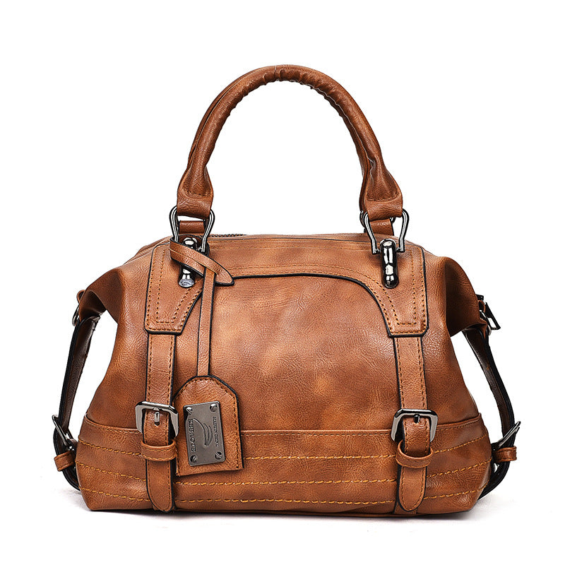 Buckle Decor Boston Vintage PU Leather Women's Handbag (Brown)