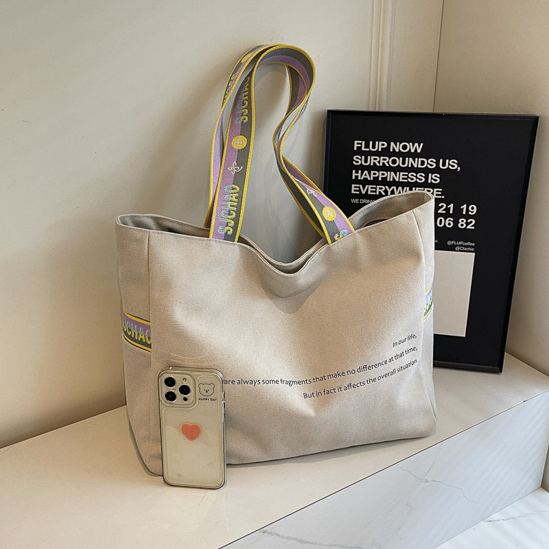 Simple Letter Design Canvas Fabric Women's Handbag (Rice White)