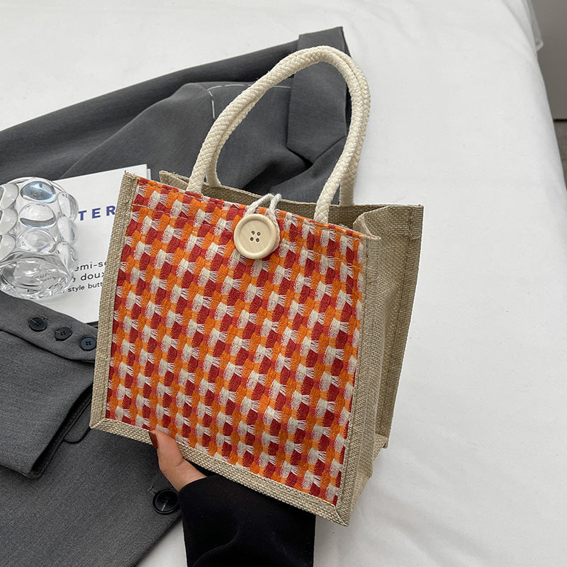 Weaving Pattern Jute Tote Bag Food Carrying Bag Lunch Bag (Red)