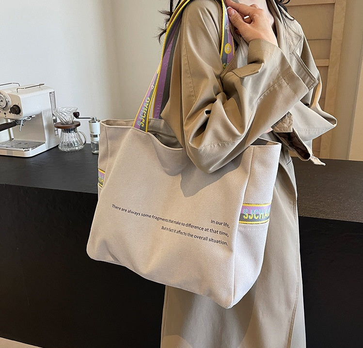 Simple Letter Design Canvas Fabric Women's Handbag (Rice White)