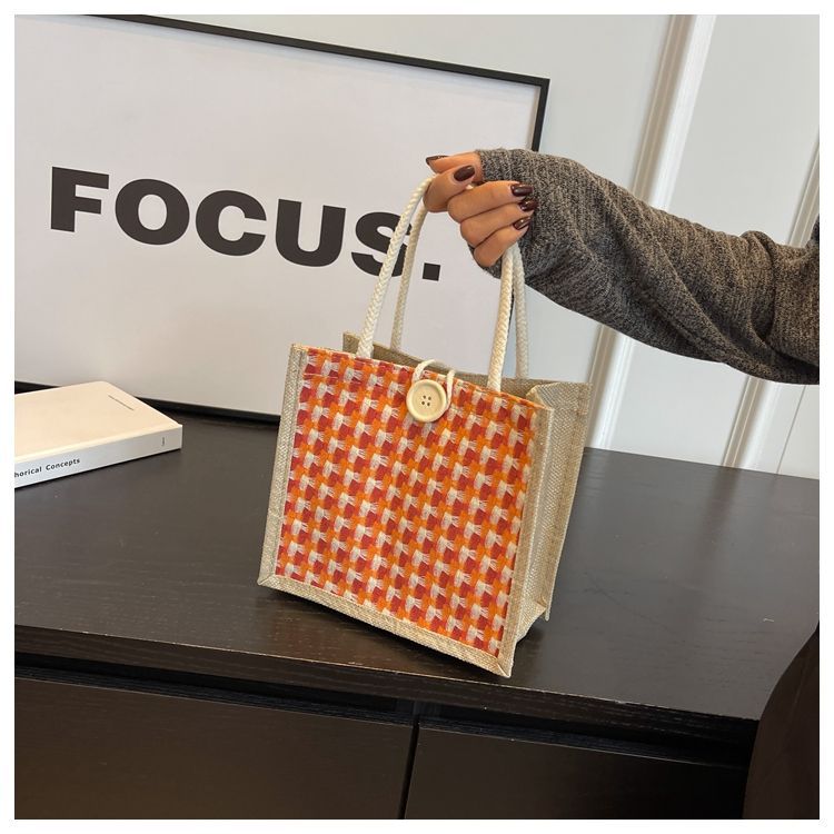 Weaving Pattern Jute Tote Bag Food Carrying Bag Lunch Bag (Red)