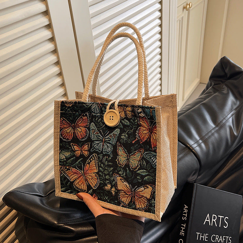 Butterfly Printed Small Tote Bag Women Lunch Bag (Black)