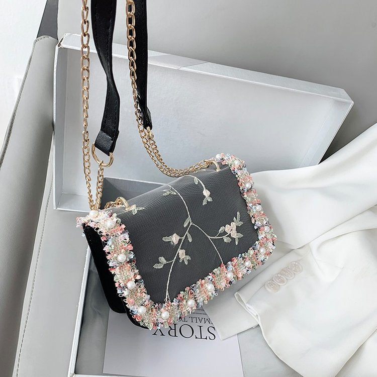 New Pearl Floral Trendy Women’s Handbag (Black)