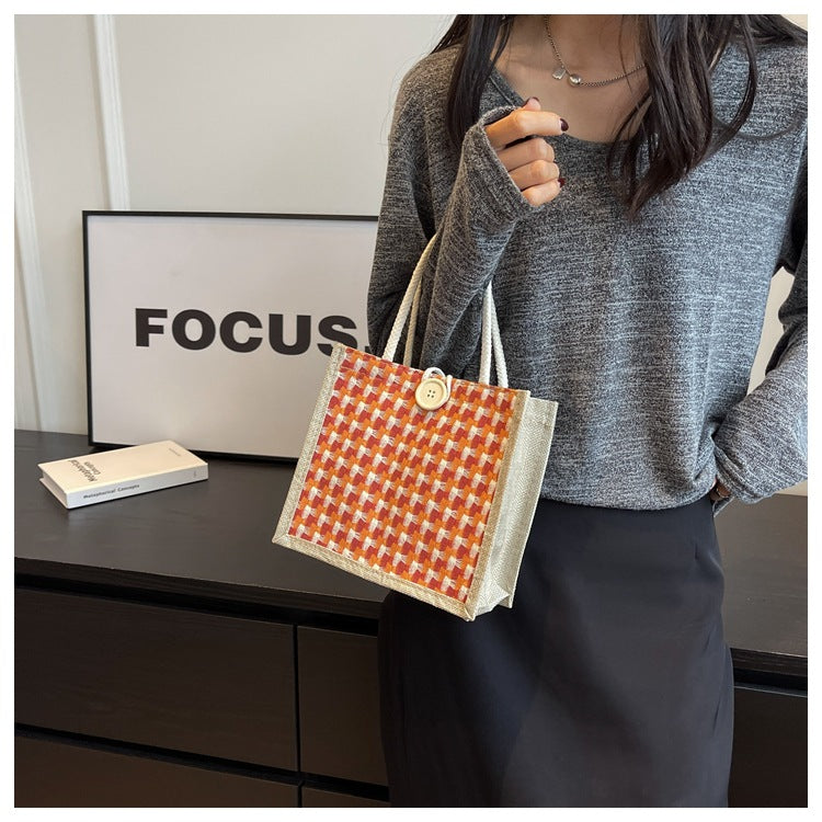 Weaving Pattern Jute Tote Bag Food Carrying Bag Lunch Bag (Red)