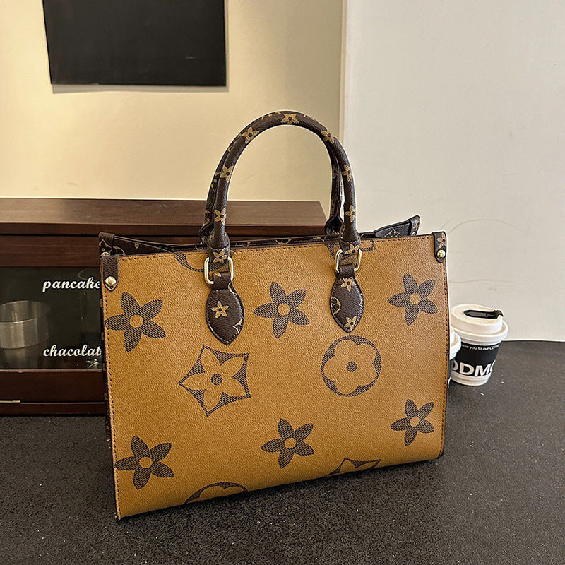 Old Flower Large Capacity Fashionable Women’s Handbag (Khaki)