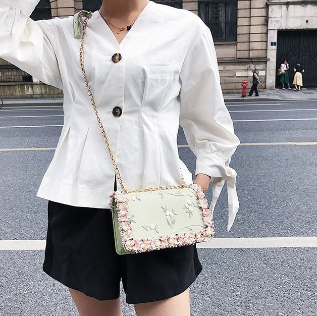 New Pearl Floral Trendy Women’s Handbag (Green)