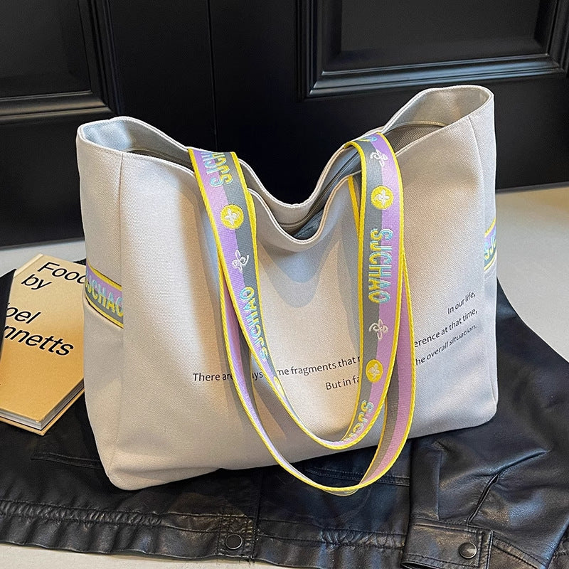 Simple Letter Design Canvas Fabric Women's Handbag (Rice White)