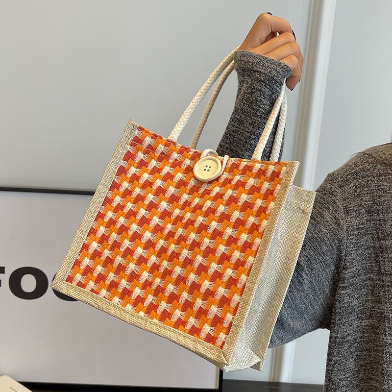 Weaving Pattern Jute Tote Bag Food Carrying Bag Lunch Bag (Red)