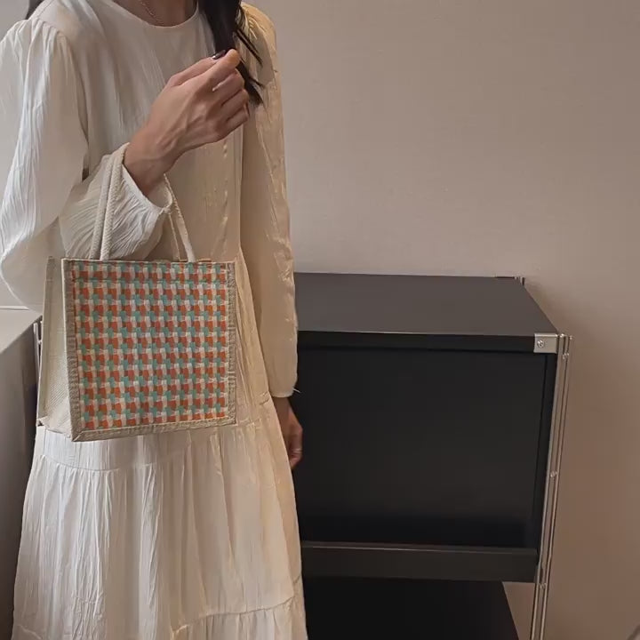 Weaving Pattern Jute Tote Bag Food Carrying Bag Lunch Bag (Red)